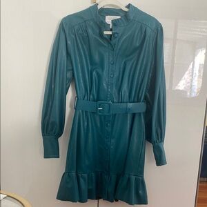Teal Button-Up Belted Dress